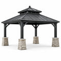 Metallpavillon mit Aluminiumstruktur, Stahlblechdach und Steinbasis anthrazit