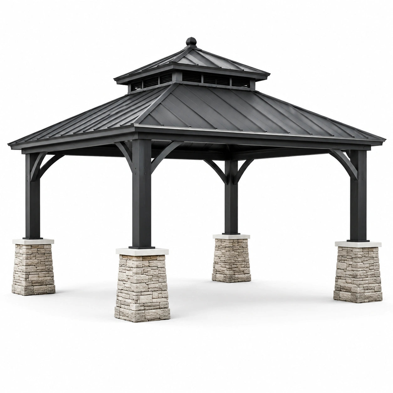 Metallpavillon mit Aluminiumstruktur, Stahlblechdach und Steinbasis anthrazit