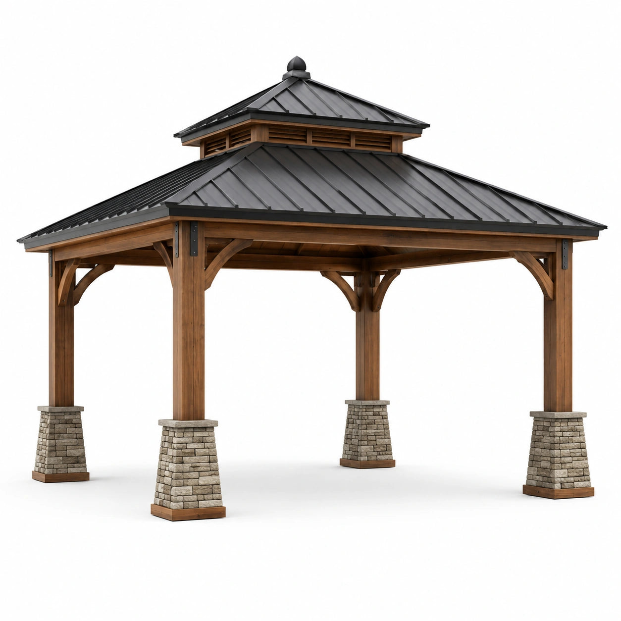 Gartenpavillon aus Kiefernholz und Stahl mit Steinsockeln, schwarz, 400 cm x 300 cm