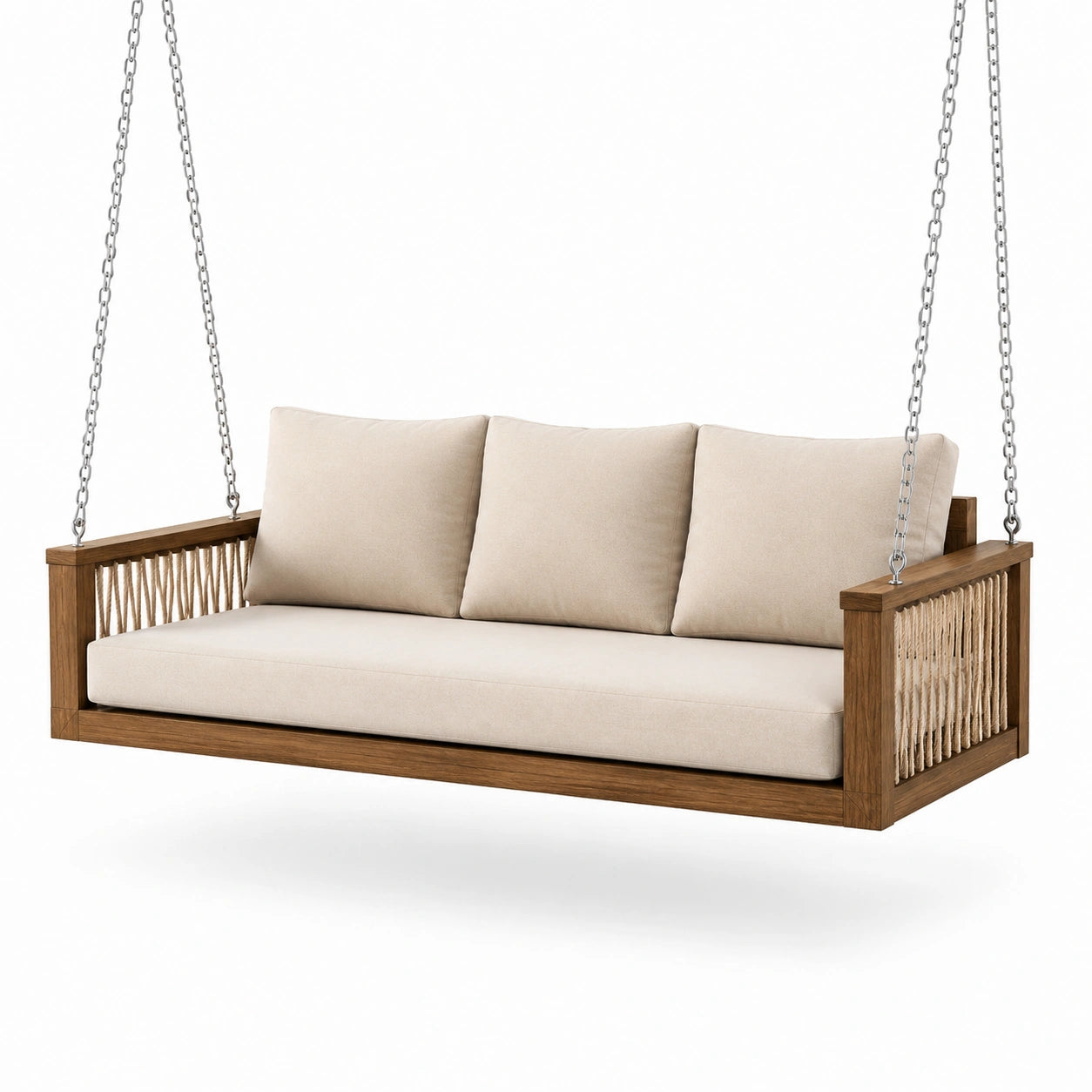 Holzschaukel mit Polyesterkissen und Baumwollseilen, Beige