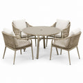 Garten-Essgruppe Aluminium Rundtisch 110 cm Beige mit 4 Stühlen und Polyamid-Seilgeflecht
