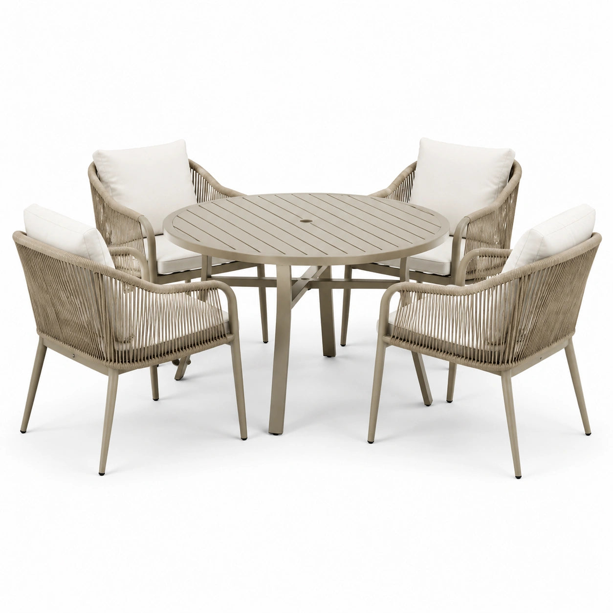 Garten-Essgruppe Aluminium Rundtisch 110 cm Beige mit 4 Stühlen und Polyamid-Seilgeflecht