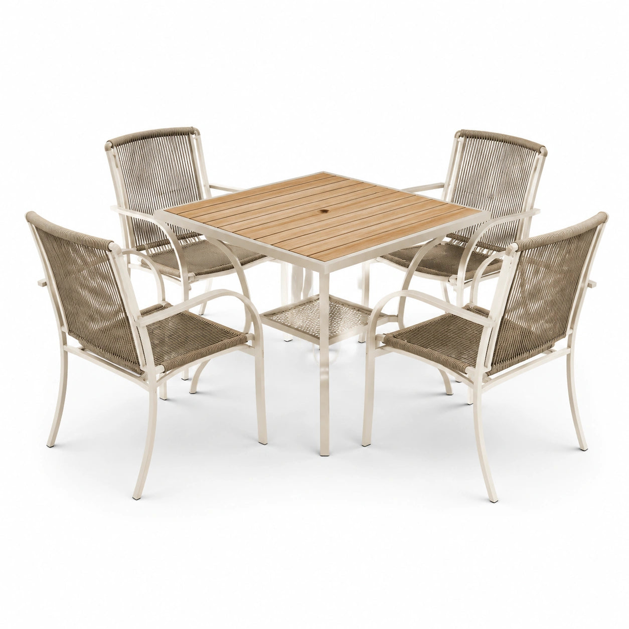 Garten-Essgruppe mit Tisch aus Teakholz und Stühlen aus synthetischem Seil Beige