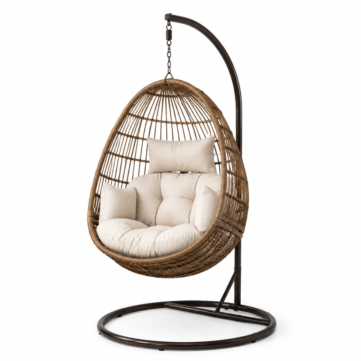 Hängesessel Polyrattan Braun mit Stahlrahmen und Polyester Kissen